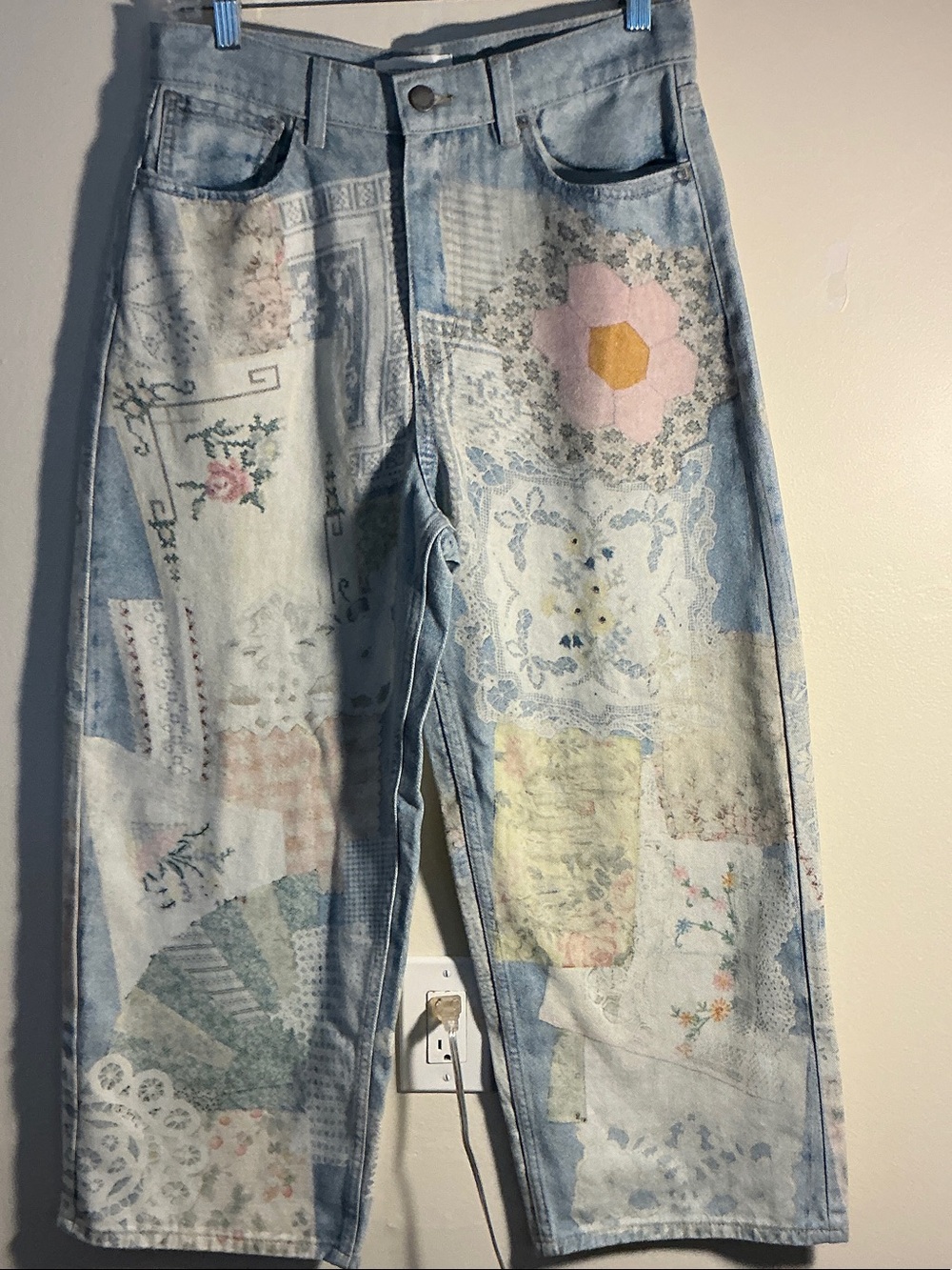 Light Blue Patchwork-Print Straight Leg Jeans